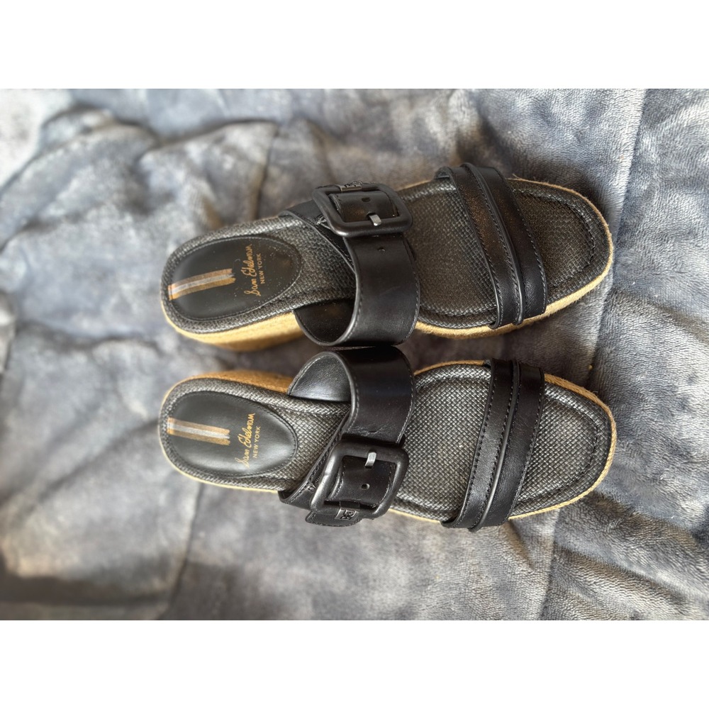 Sam Edelman Black Leather Espadrille Platform Wedge Buckle Sandals Womens 9.5M